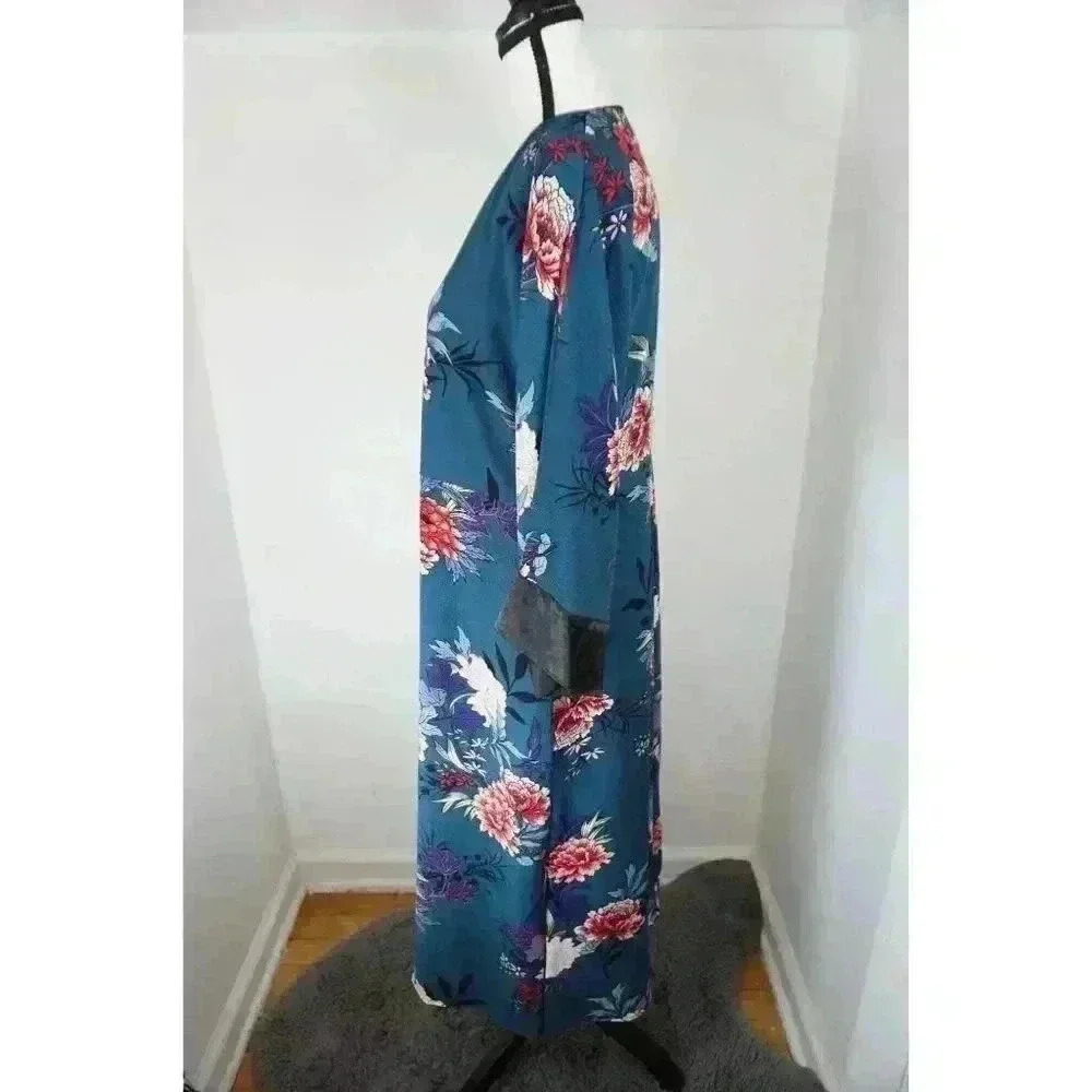 Lulus Lotus Party Teal Blue Floral Print Midi Robe Dress - Size S - Picture 6 of 16